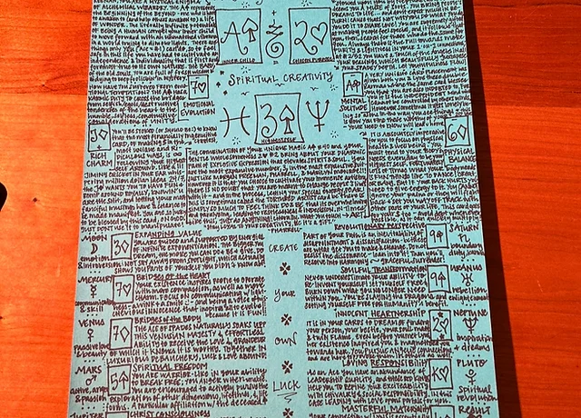Close-up of a hand-lettered chart showing a client's cards, planets, and meanings